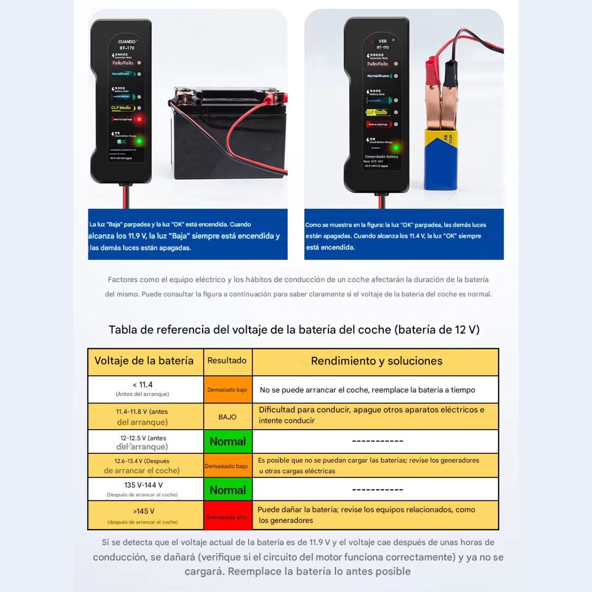 Tester Probador De Bateria Auto Moto Bt170 12v Led Digital - Imagen 5