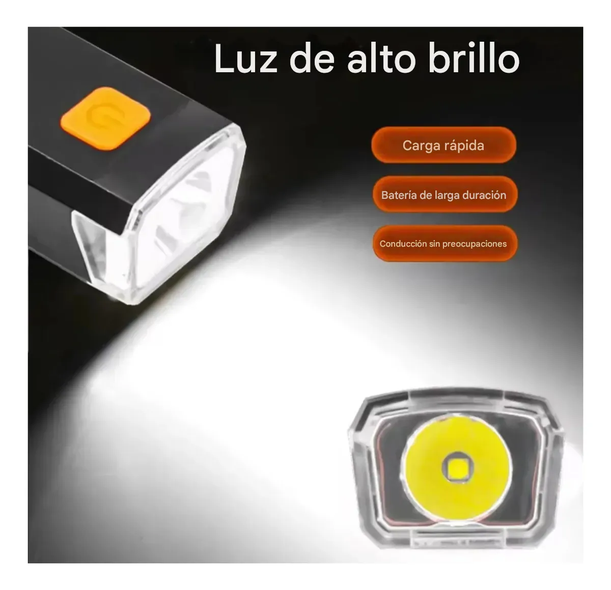 Linterna Led Para Bicicleta Con Batería Recargable Usb Negro Negro - Imagen 2