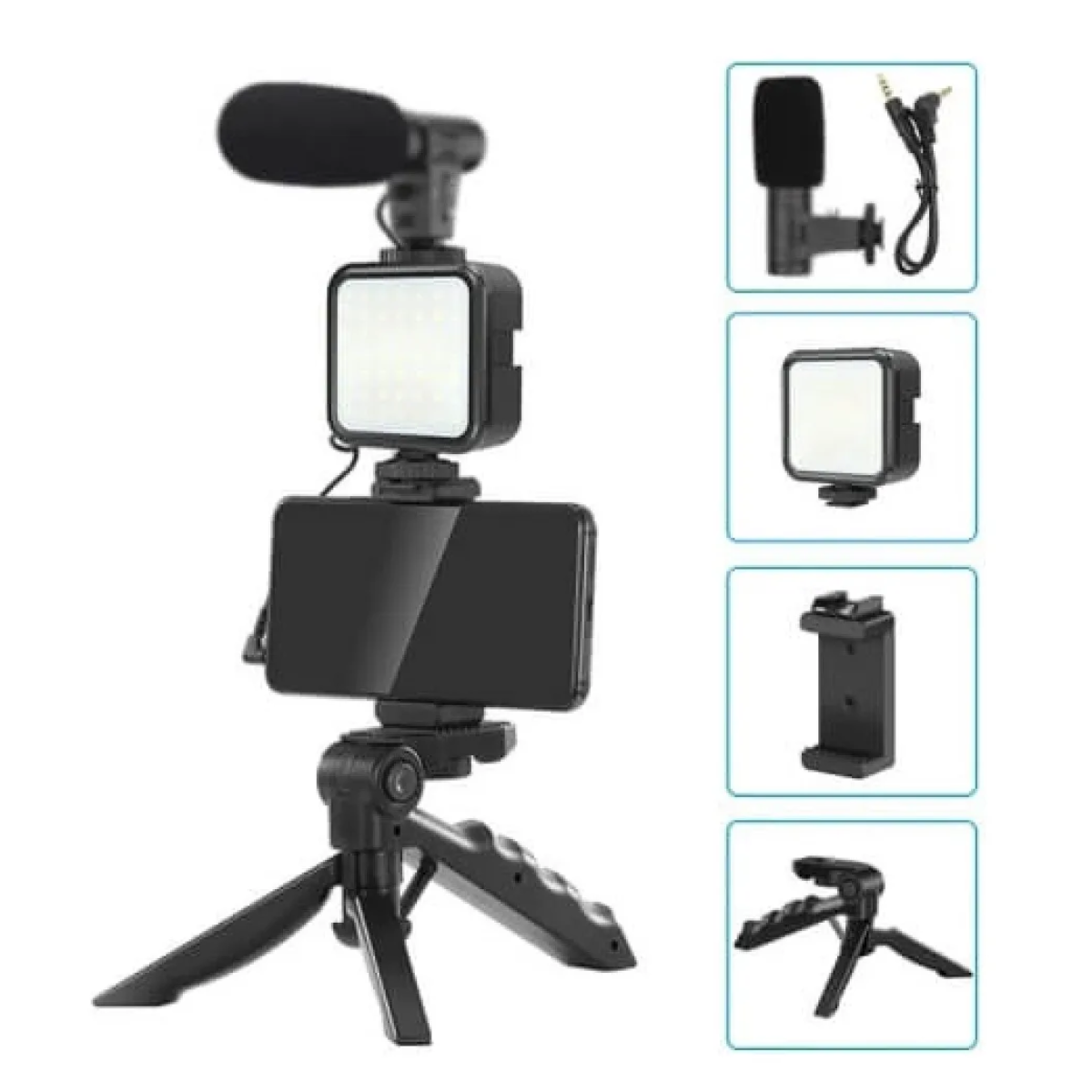 Kit Grabacion Tripode Microfono Luz Led Para Celular Negro
