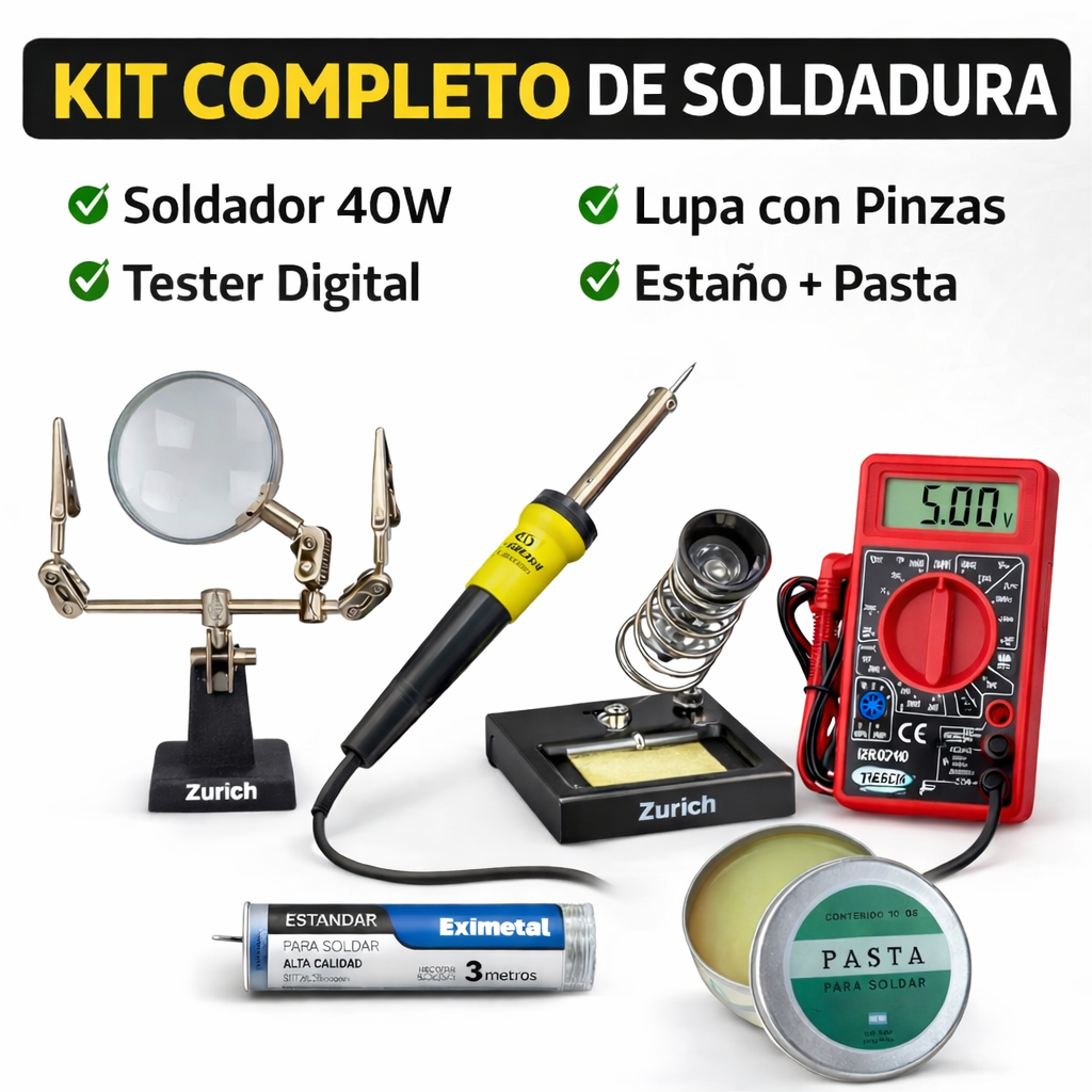 Kit Completo de Soldadura Zurich 40W + Soporte + Lupa + Tester + Estaño Eximetal + Pasta Hipercom