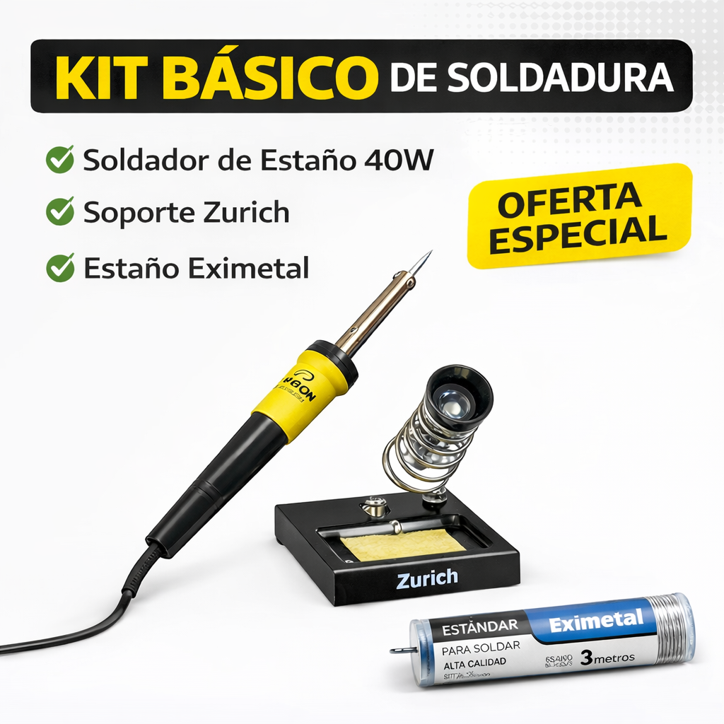 Kit Básico de Soldadura 40W Zurich + Soporte + Estaño Eximetal | Kit Soldador para Electrónica
