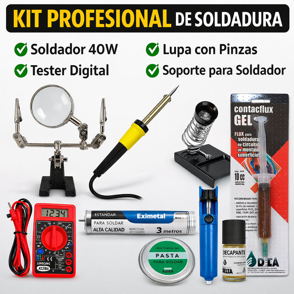 Kit Soldadura Profesional Zurich 40W con Tester, Lupa, Soporte, Estaño, Pasta y Accesorios