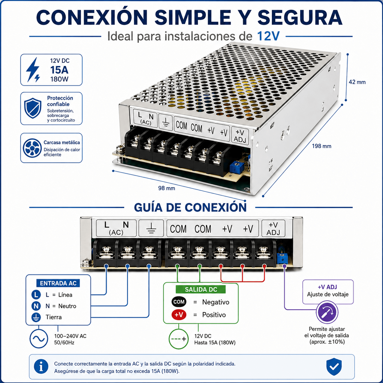 Fuente Switching 12v 15a 15amp Tira Leds Camara Cctv 180w - Imagen 2