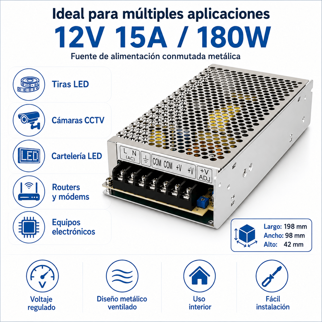 Fuente Switching 12v 15a 15amp Tira Leds Camara Cctv 180w - Imagen 3
